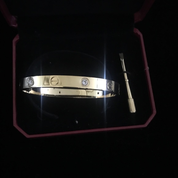 18k Gold Plated Love Bangle W/ Cubic Zirconia - Picture 2 of 8